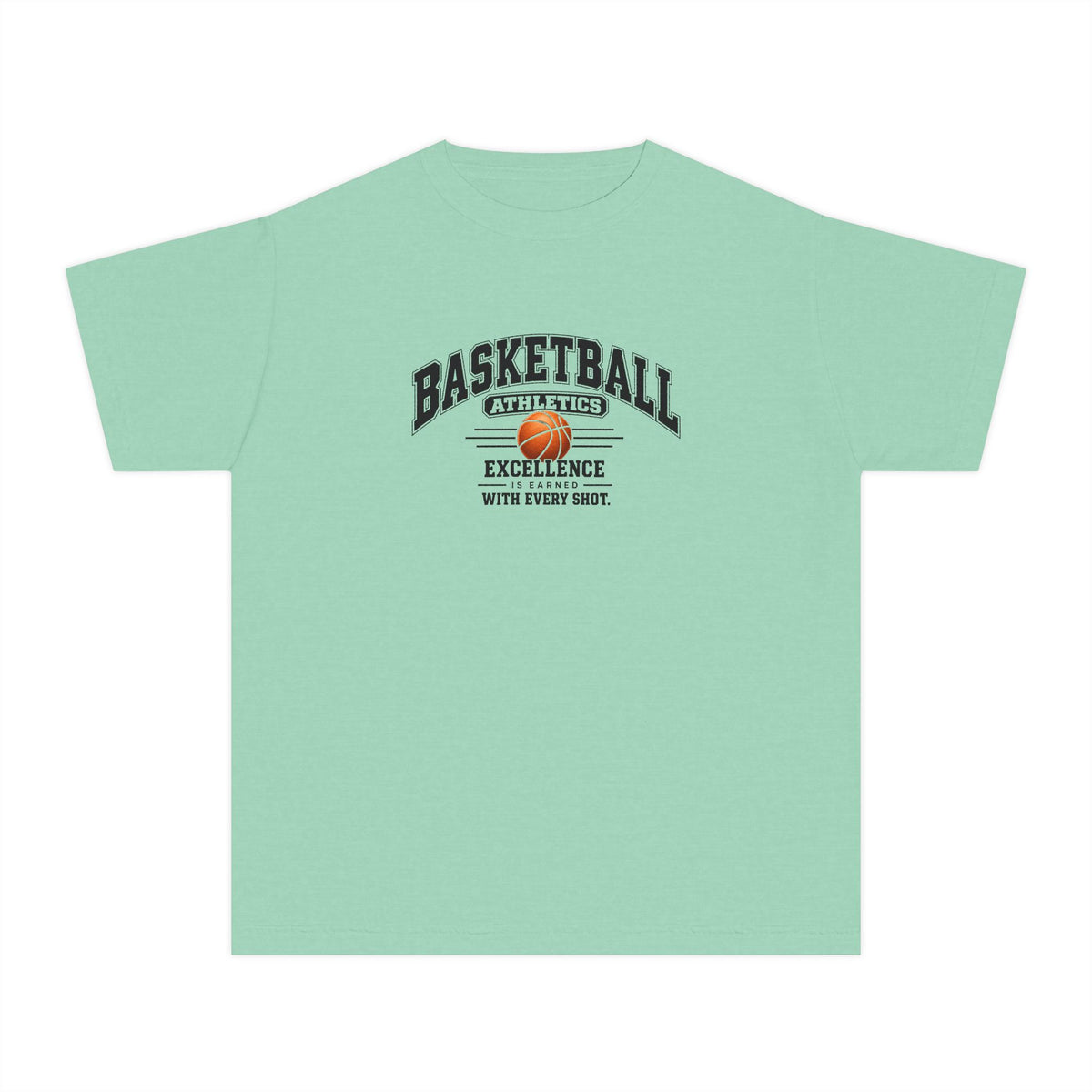 Basketball Athletics Youth T-Shirt | Excellence Is Earned With Every Shot | Kids Basketball Comfort Colors Youth Tee