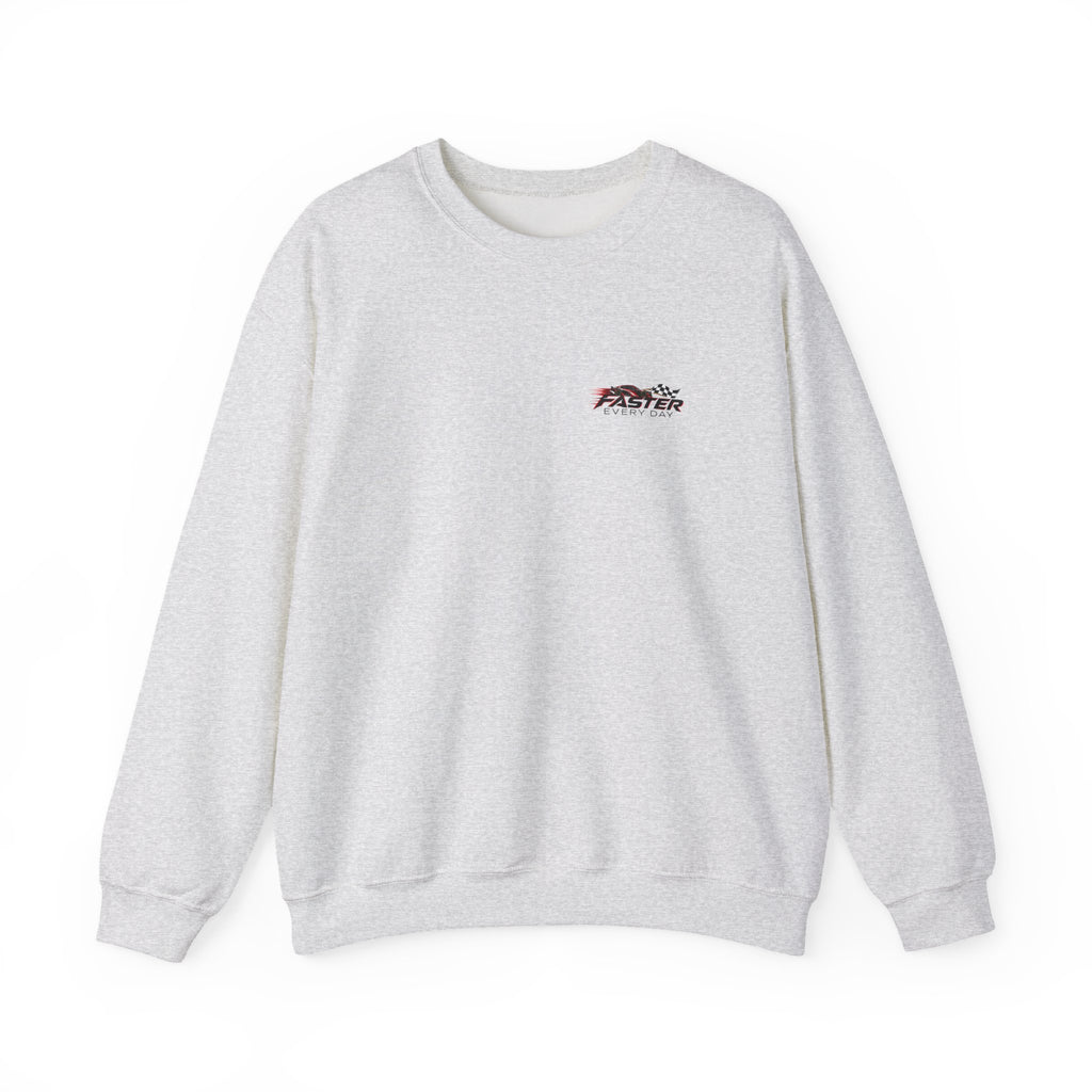 Faster Every Day Stock Car Racing Sweatshirt | Driven to Be Better | Front Logo and Back Print | Gildan Crewneck Sweatshirt