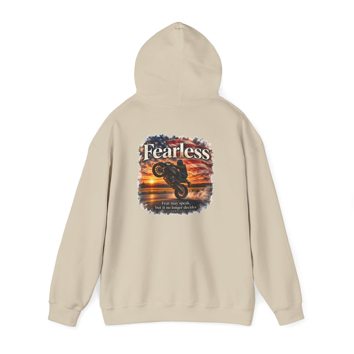 Fearless - Fear May Speak, But It No Longer Decides | Motorcycle Wheelie Hoodie | Front Logo and Back Print | Gildan Hoodie