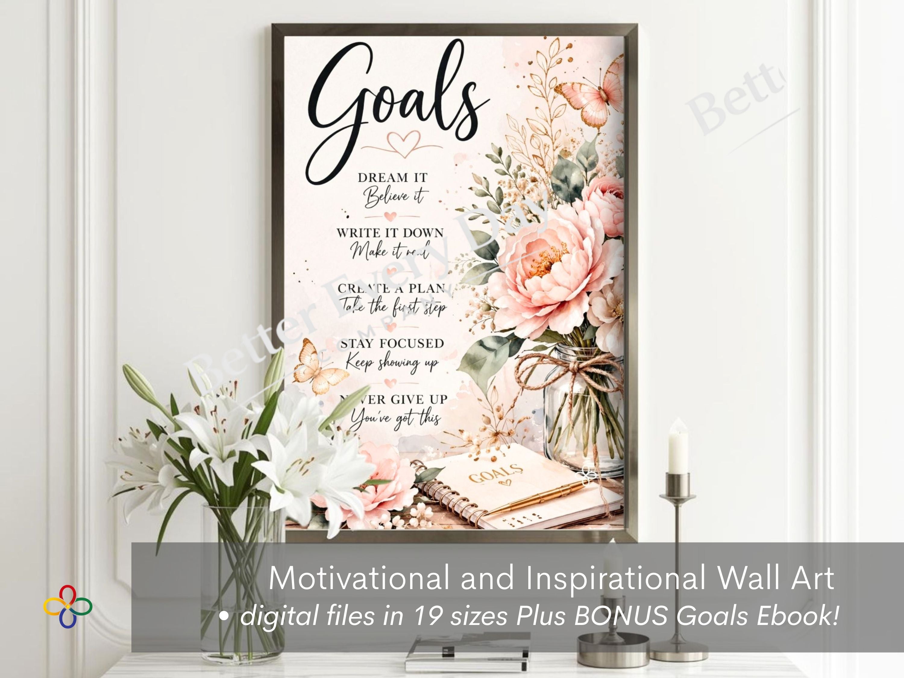 Goals - Floral Inspirational Poster Print, Quote Poster, Motivational Nature Wall Art (Digital Download) Wallart