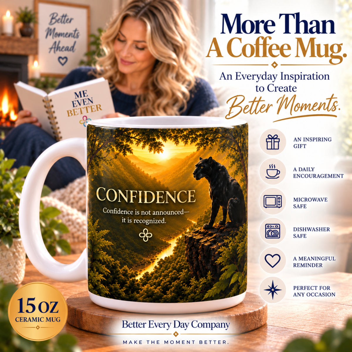 Confidence - Confidence Is Not Announced, It Is Recognized - 15 oz Inspirational Black Panther Mug, Coffee Cup
