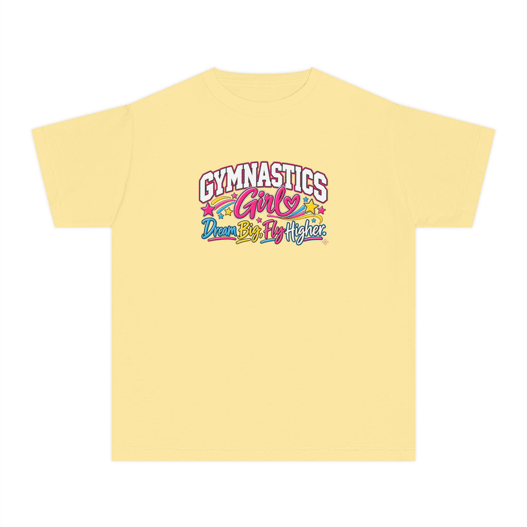 Gymnastics Girl Youth T-Shirt | Dream Big, Fly Higher | Girls Gymnastics Comfort Colors Youth Tee