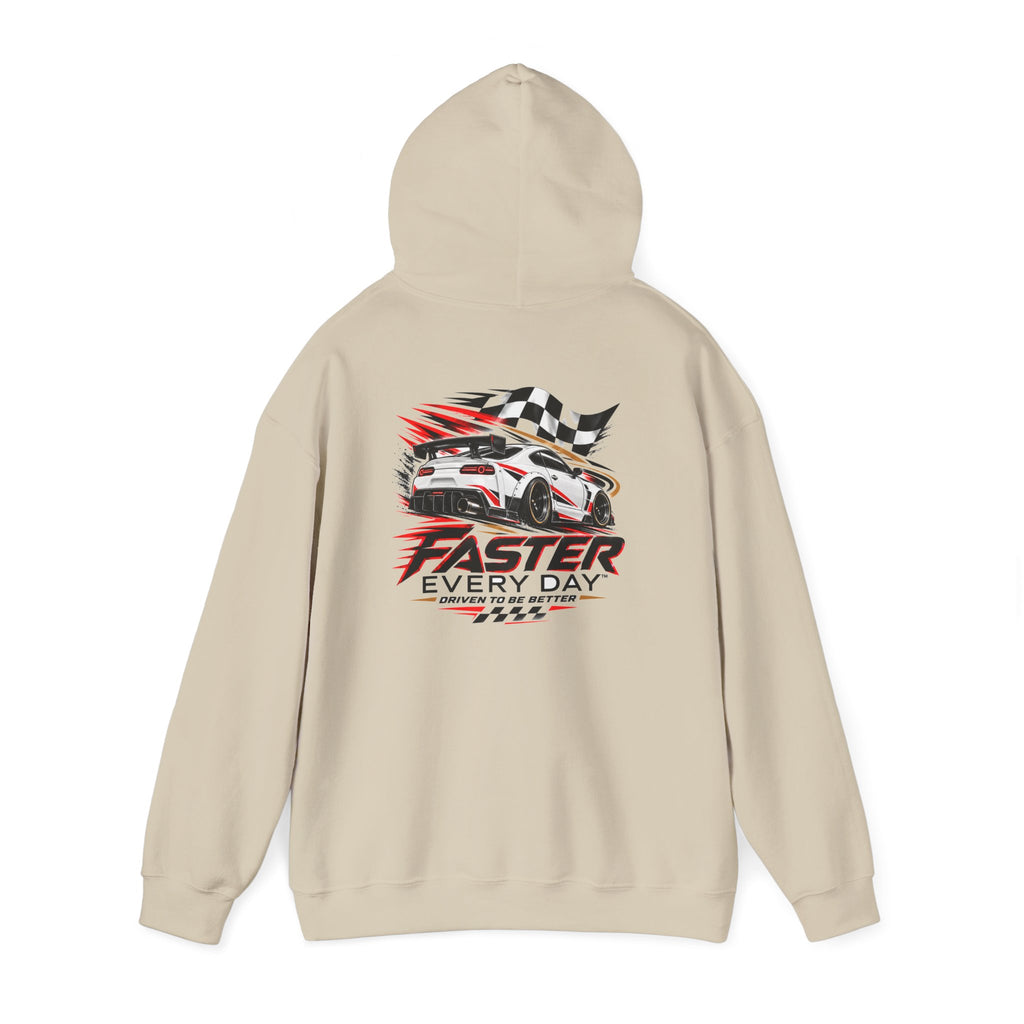 Faster Every Day Sports Car Hoodie | Driven to Be Better | Front Logo and Back Print | Gildan Hoodie