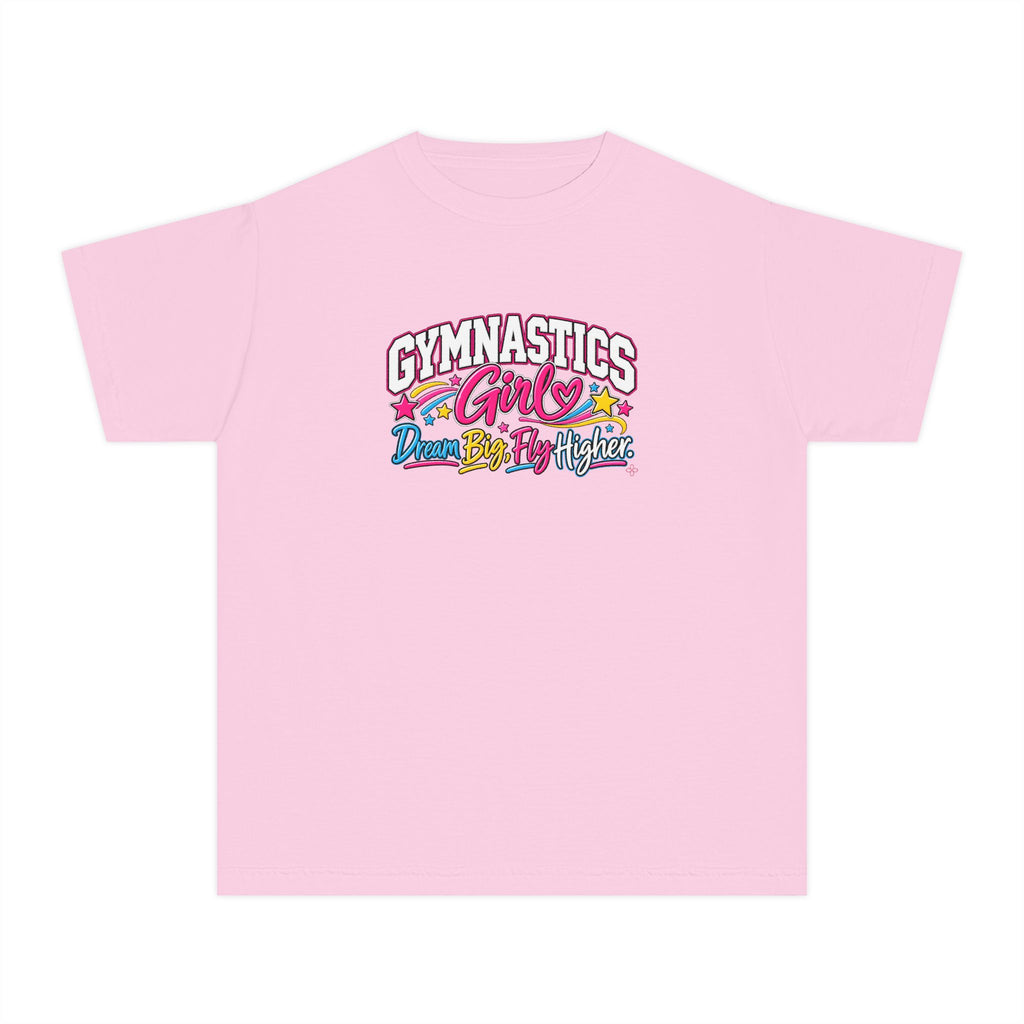Gymnastics Girl Youth T-Shirt | Dream Big, Fly Higher | Girls Gymnastics Comfort Colors Youth Tee