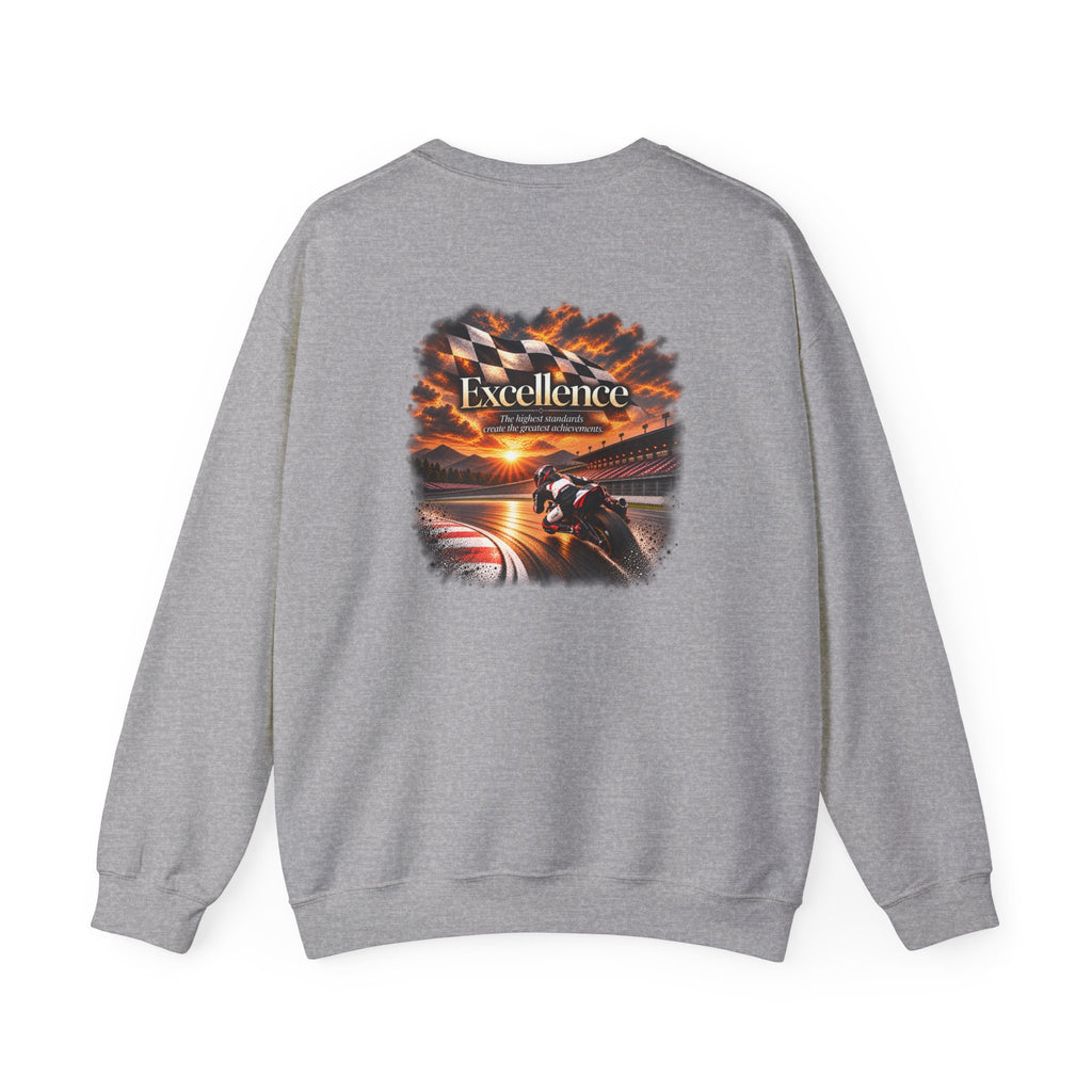 Excellence - The Highest Standards Create the Greatest Achievements | Motorcycle Racing Gift | Front Logo and Back Print | Gildan Crewneck Sweatshirt