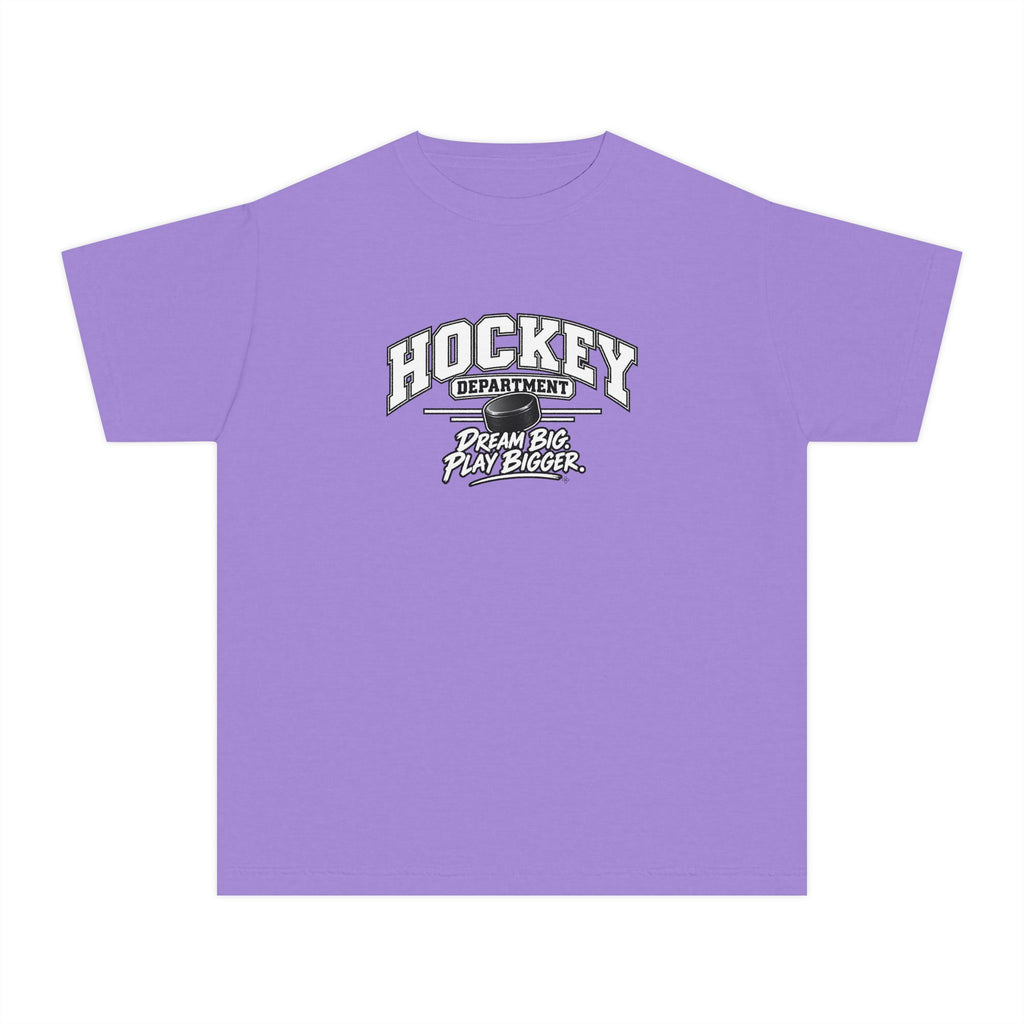 Hockey Department Youth T-Shirt | Dream Big, Play Bigger | Kids Hockey Comfort Colors Youth Tee