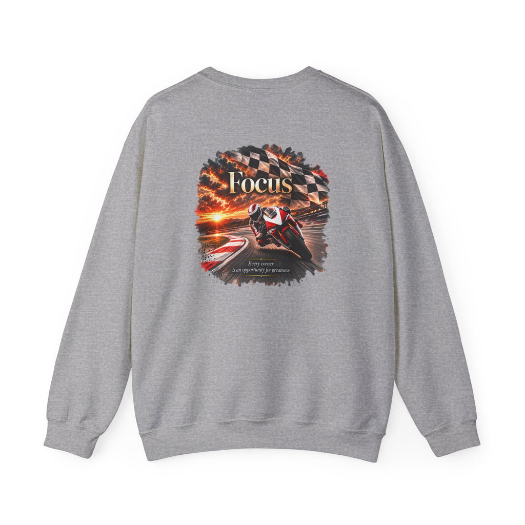 Focus - Every Corner Is an Opportunity for Greatness | Motorcycle Racing Gift | Front Logo and Back Print | Gildan Crewneck Sweatshirt