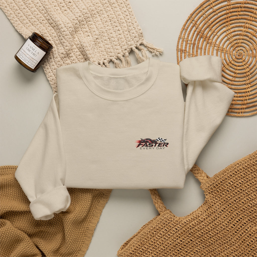 Faster Every Day Sports Car Sweatshirt | Driven to Be Better | Front Logo and Back Print | Gildan Crewneck Sweatshirt