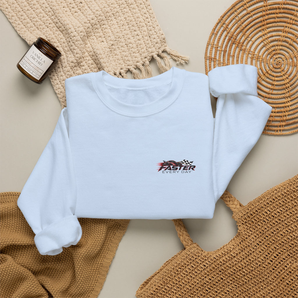 Faster Every Day Sports Car Sweatshirt | Driven to Be Better | Front Logo and Back Print | Gildan Crewneck Sweatshirt