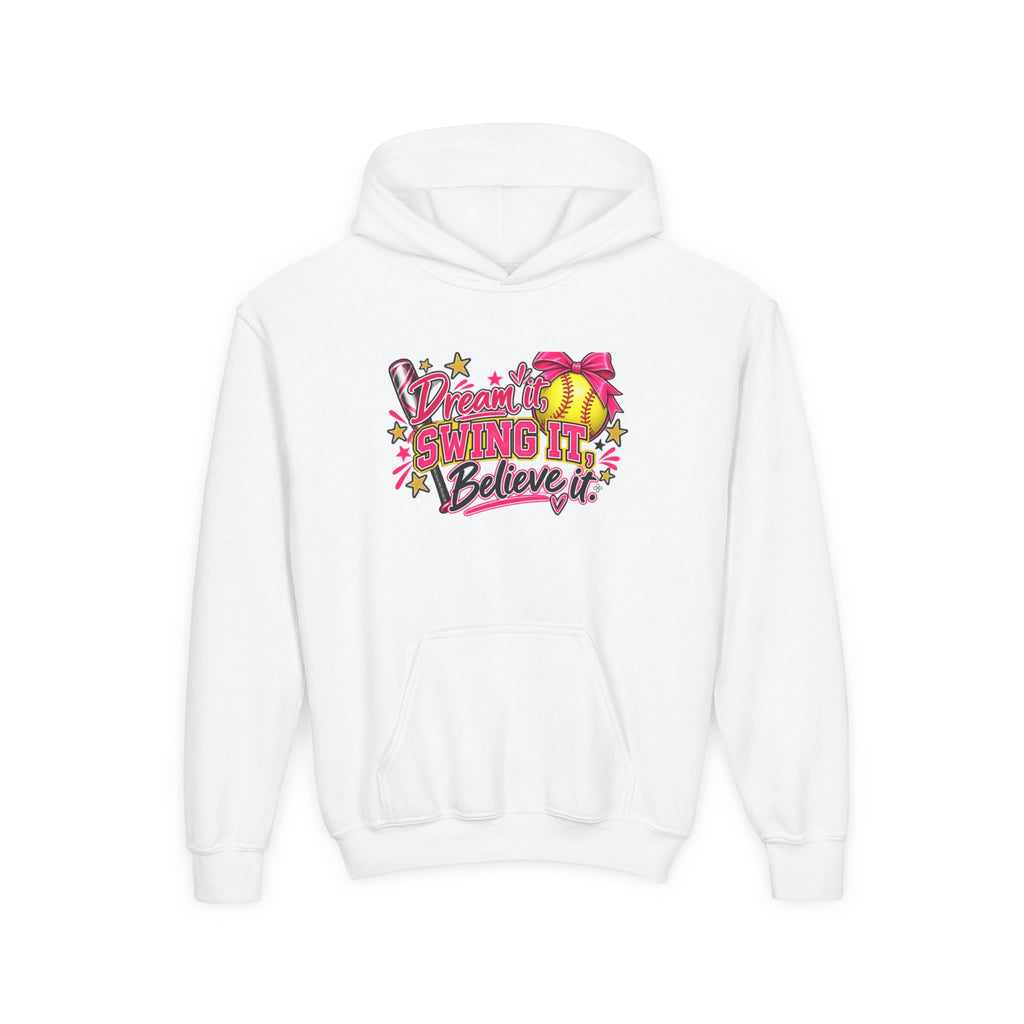 Dream It Swing It Believe It Youth Hoodie | Softball Girl | Girls Softball Youth Hoodie