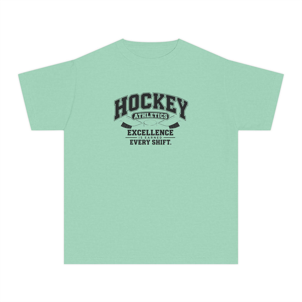 Hockey Athletics Youth T-Shirt | Excellence Is Earned Every Shift | Kids Hockey Comfort Colors Youth Tee