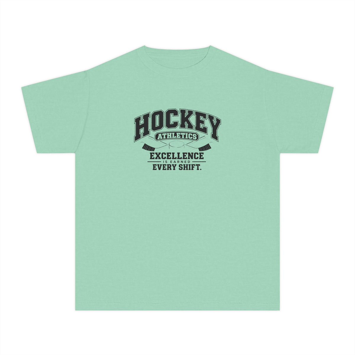 Hockey Athletics Youth T-Shirt | Excellence Is Earned Every Shift | Kids Hockey Comfort Colors Youth Tee