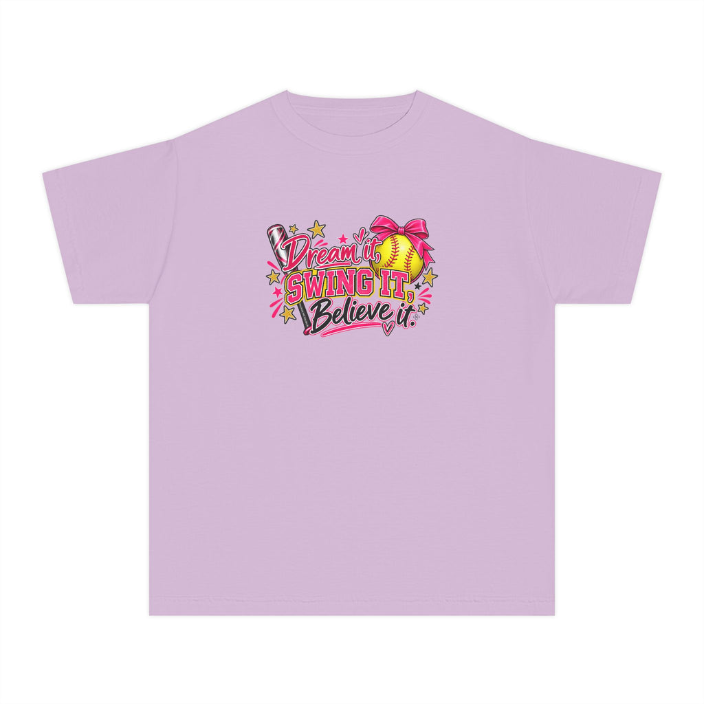 Dream It Swing It Believe It Youth T-Shirt | Softball Girl | Girls Softball Comfort Colors Youth Tee