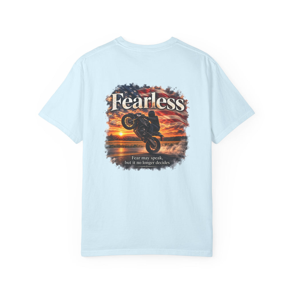 Fearless - Fear May Speak, But It No Longer Decides | Motorcycle Wheelie Tee | Front Logo and Back Print