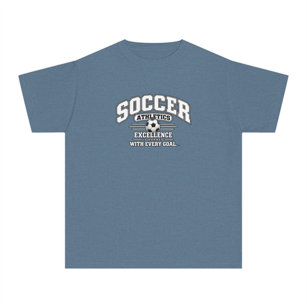 Soccer Athletics Youth T-Shirt | Excellence Is Earned With Every Goal | Kids Soccer Comfort Colors Youth Tee