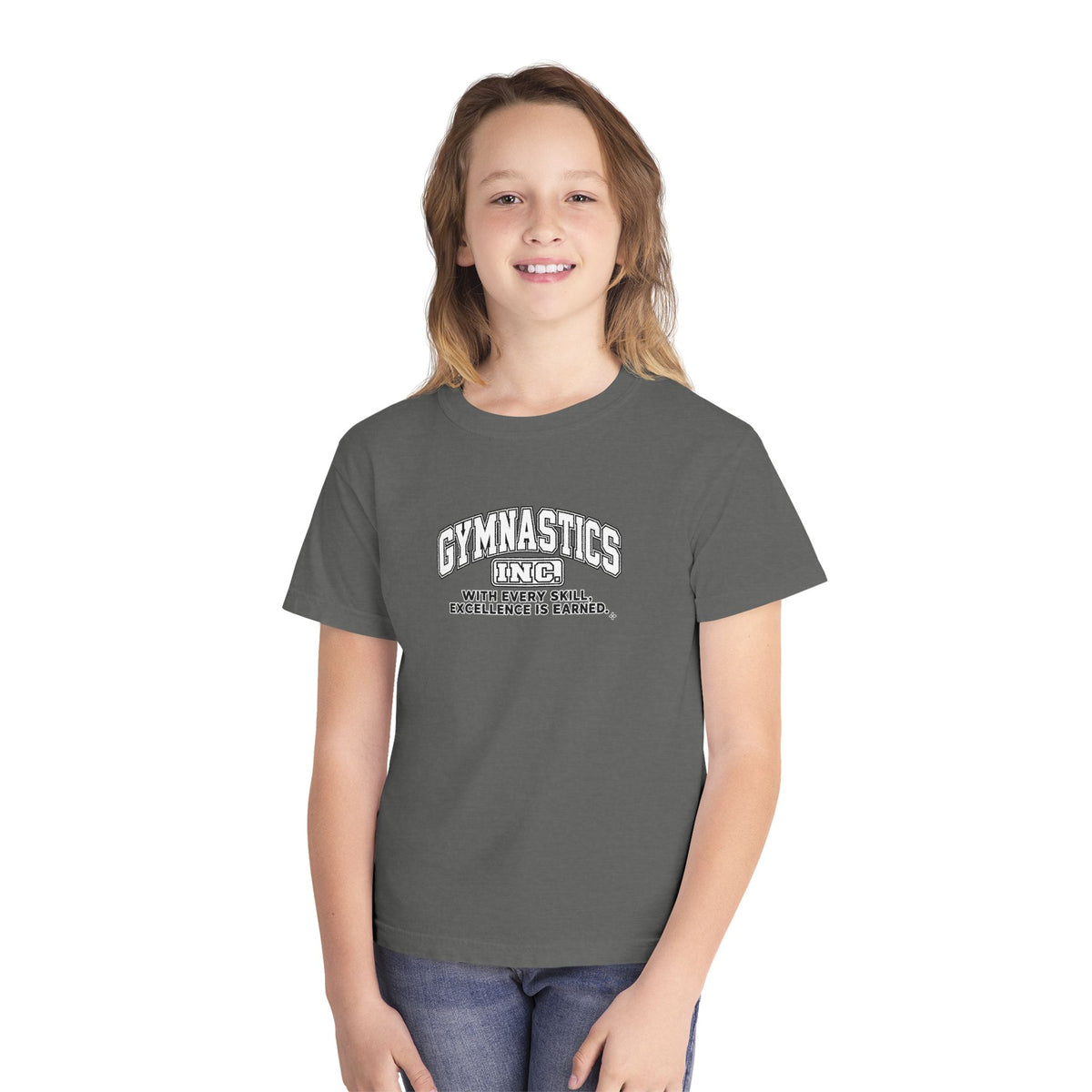 Gymnastics Inc. Youth T-Shirt | With Every Skill, Excellence Is Earned | Girls Gymnastics Comfort Colors Youth Tee