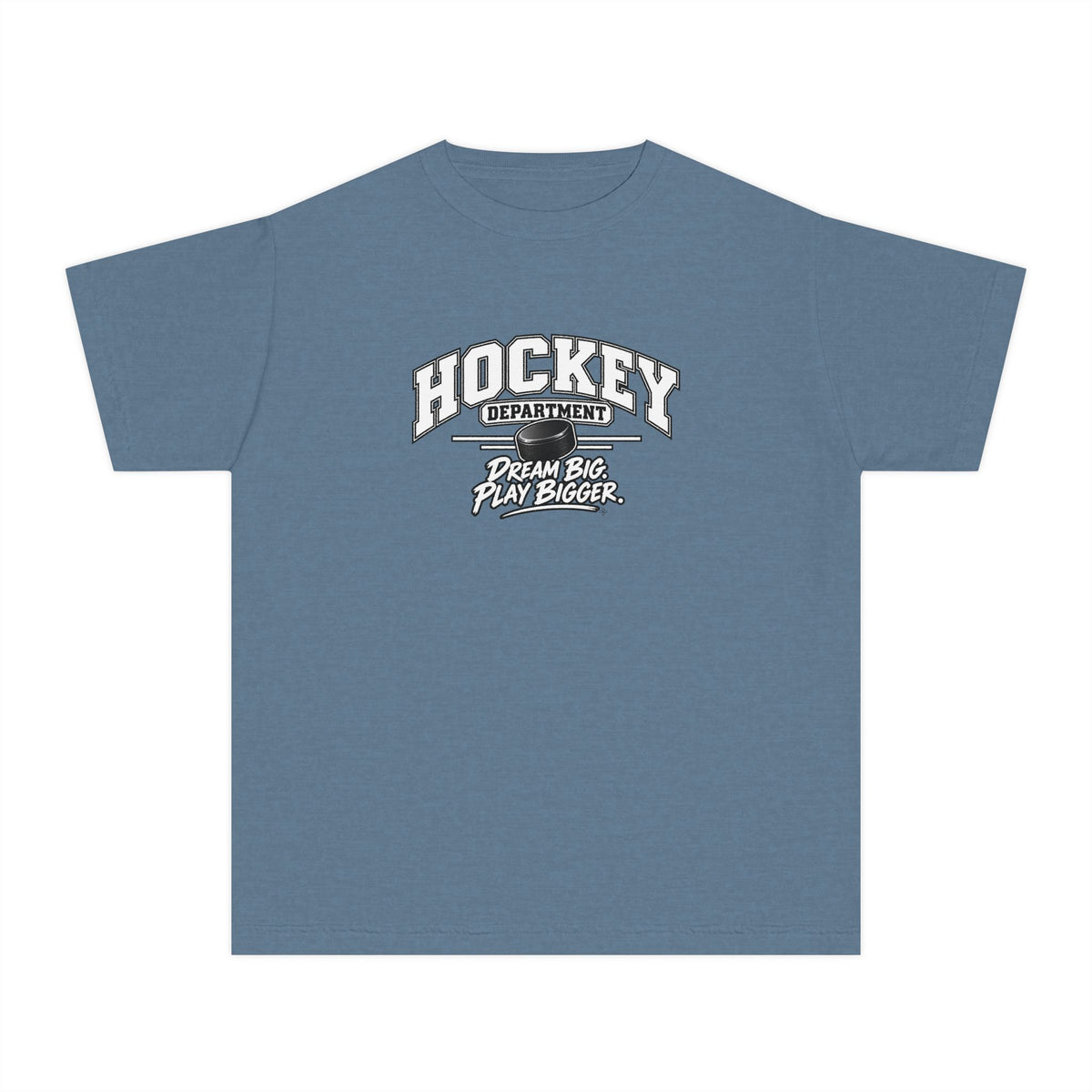 Hockey Department Youth T-Shirt | Dream Big, Play Bigger | Kids Hockey Comfort Colors Youth Tee
