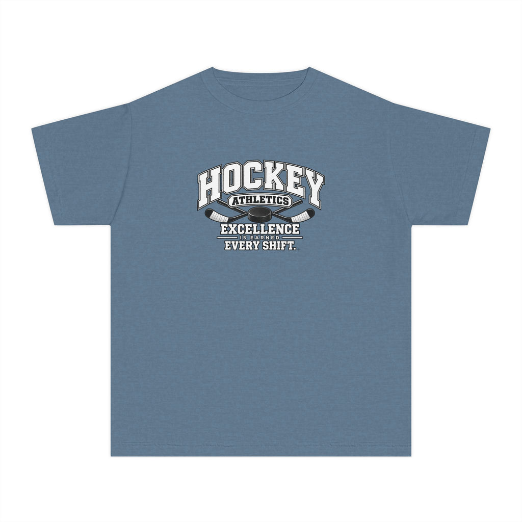 Hockey Athletics Youth T-Shirt | Excellence Is Earned Every Shift | Kids Hockey Comfort Colors Youth Tee