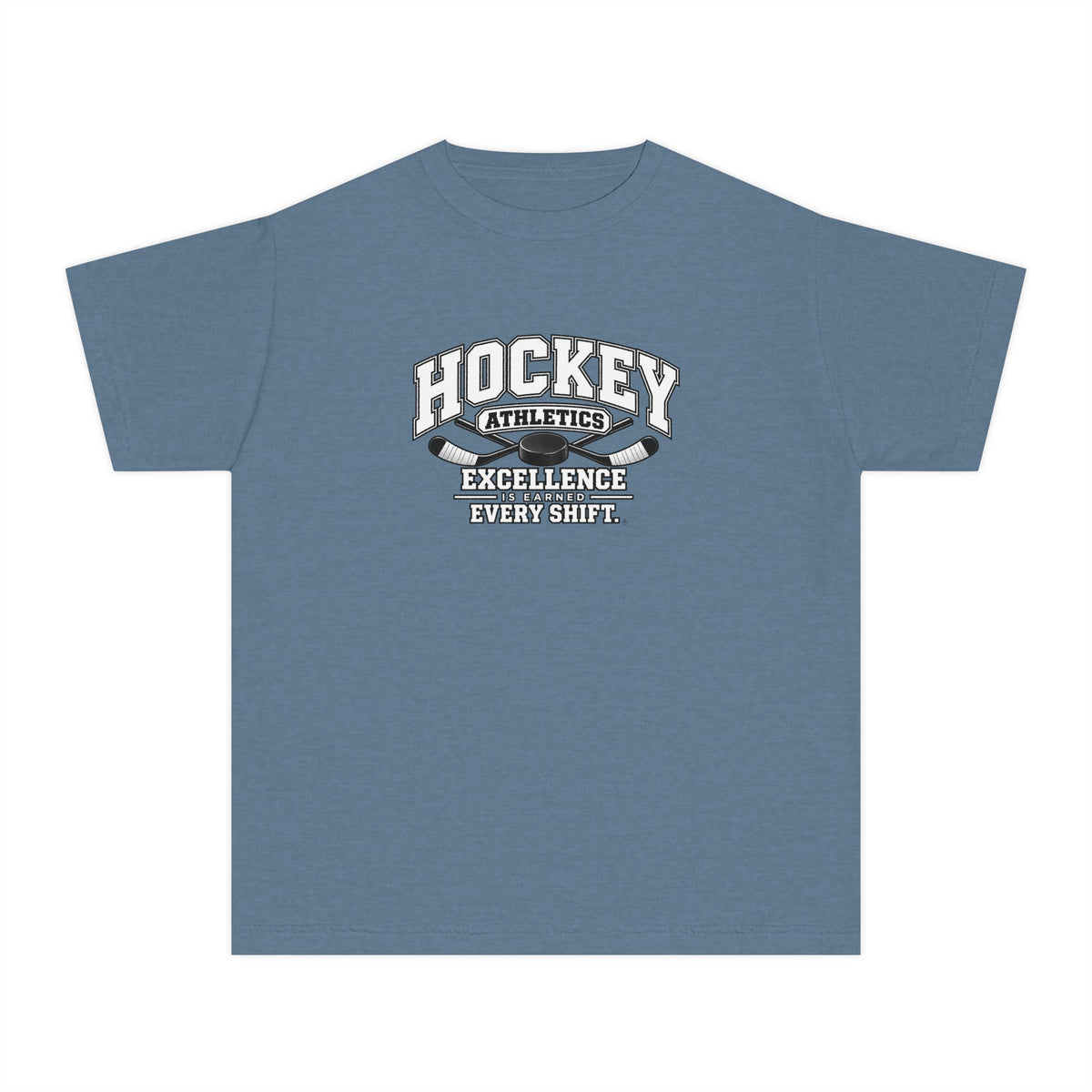 Hockey Athletics Youth T-Shirt | Excellence Is Earned Every Shift | Kids Hockey Comfort Colors Youth Tee