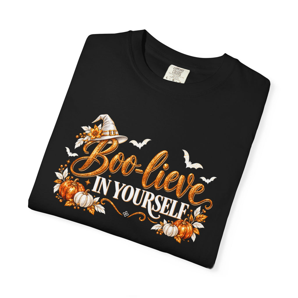 Inspirational Halloween T-Shirt - BOO-lieve In Yourself - Women's Comfort Colors Motivational Shirt