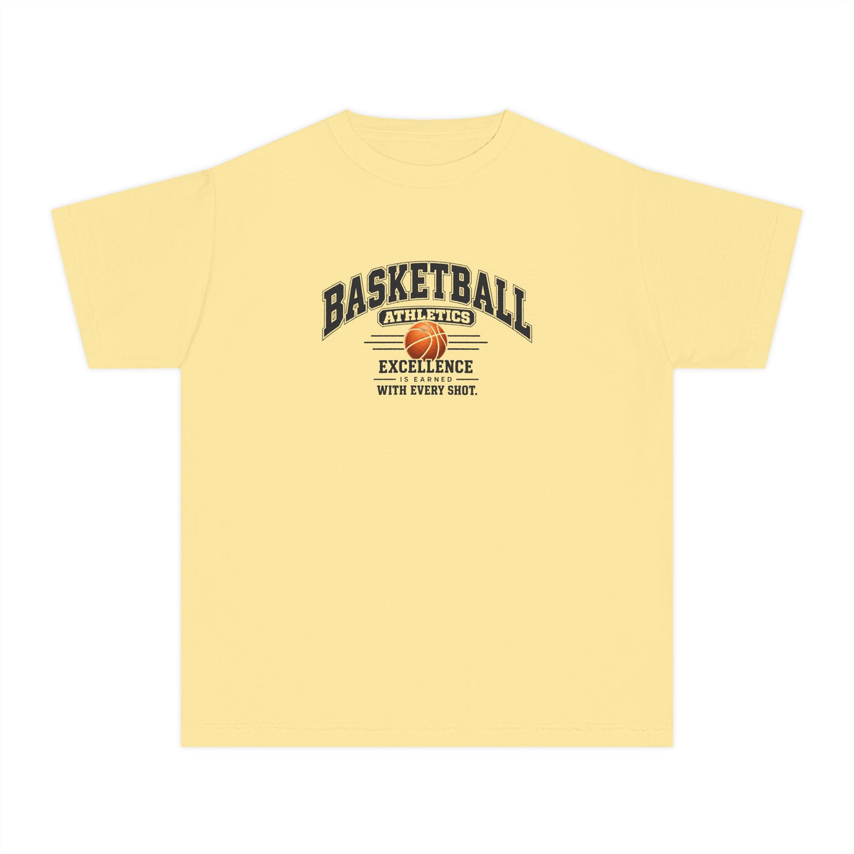 Basketball Athletics Youth T-Shirt | Excellence Is Earned With Every Shot | Kids Basketball Comfort Colors Youth Tee