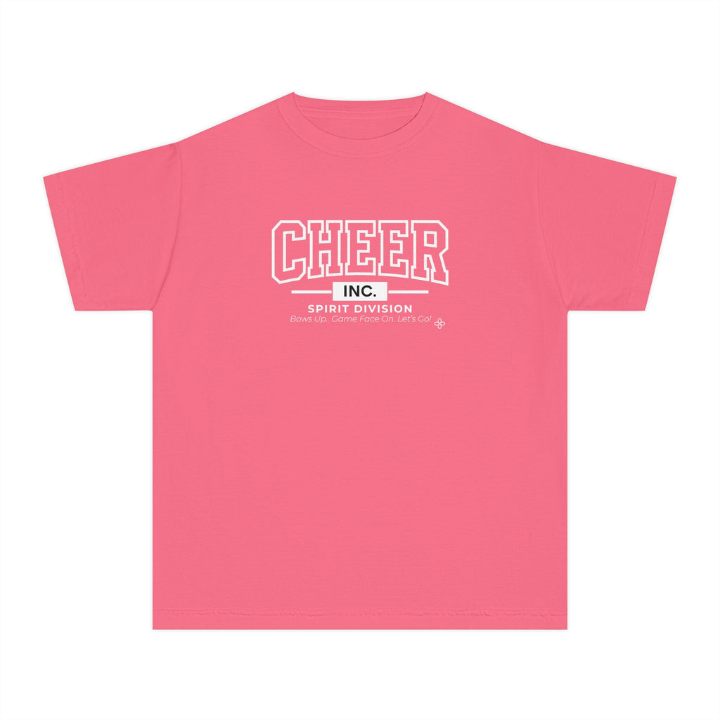 Cheer Inc. Spirit Division Youth T-Shirt | Bows Up, Game Face On, Let's Go | Girls Cheer Comfort Colors Youth Tee