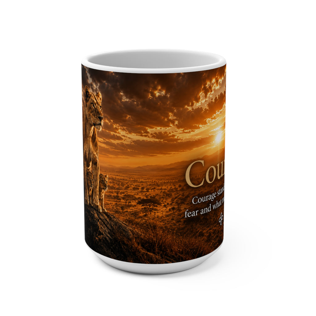 Courage - Courage Stands Between Fear and What Matters Most - Lioness and Cubs Mug, 15 oz Inspirational Lioness Mug, Coffee Cup