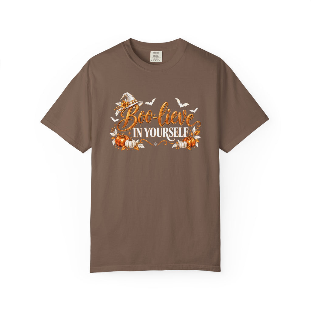 Inspirational Halloween T-Shirt - BOO-lieve In Yourself - Women's Comfort Colors Motivational Shirt
