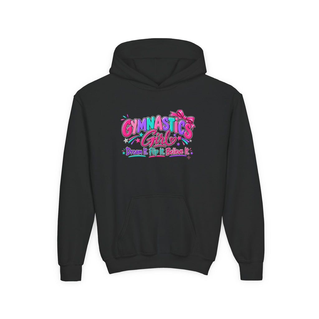 Gymnastics Girl Youth Hoodie | Dream It, Flip It, Believe It | Girls Gymnastics Youth Hoodie