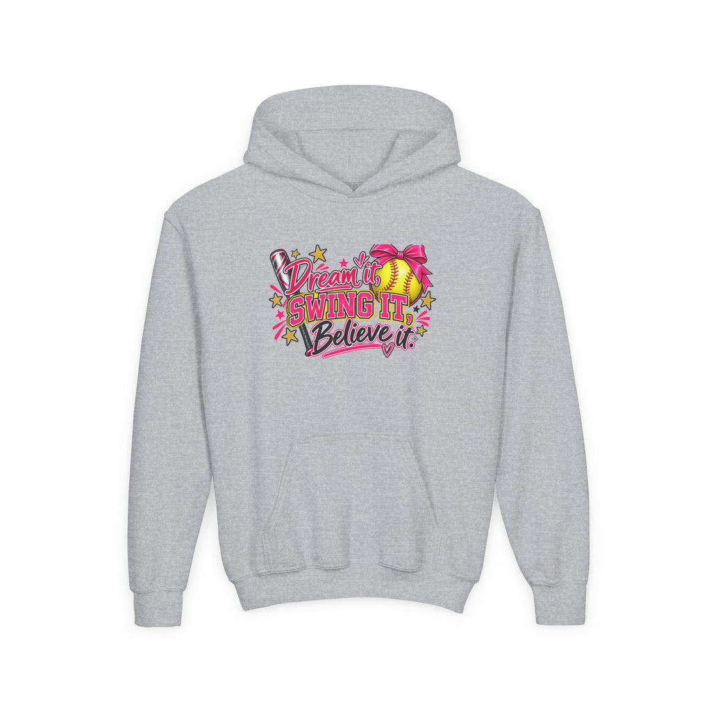 Dream It Swing It Believe It Youth Hoodie | Softball Girl | Girls Softball Youth Hoodie
