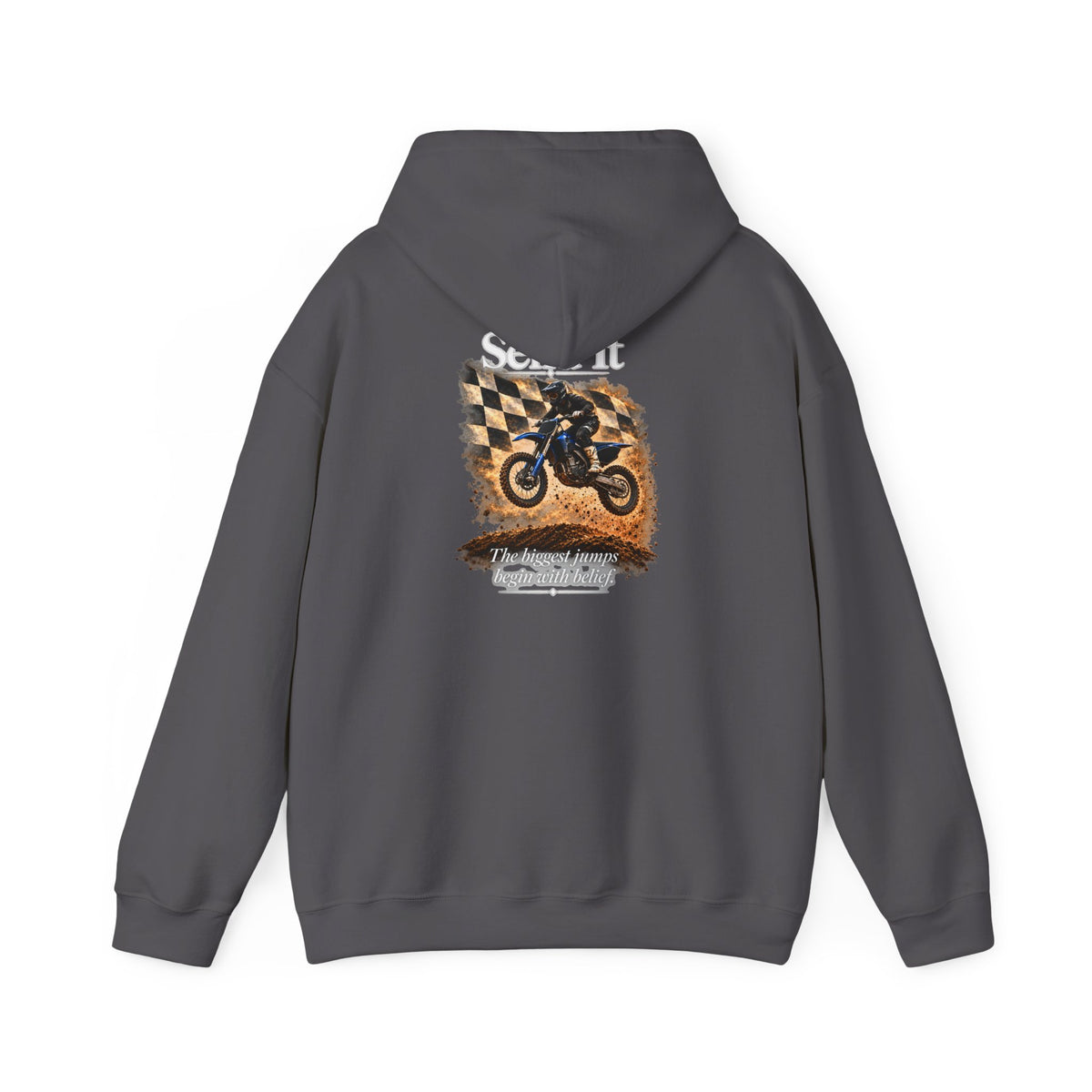 Send It - The Biggest Jumps Begin with Belief | Motocross Dirt Bike Hoodie | Front Logo and Back Print | Gildan Hoodie