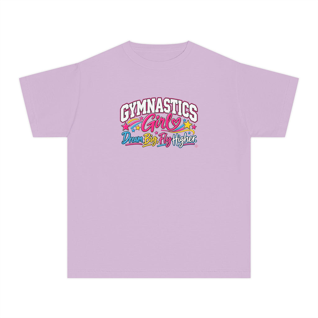 Gymnastics Girl Youth T-Shirt | Dream Big, Fly Higher | Girls Gymnastics Comfort Colors Youth Tee