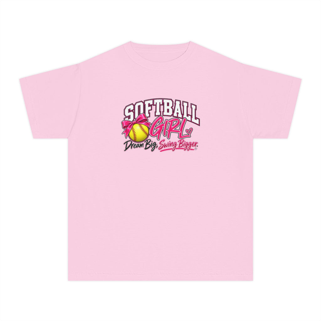 Softball Girl Youth T-Shirt | Dream Big, Swing Bigger | Girls Softball Comfort Colors Youth Tee