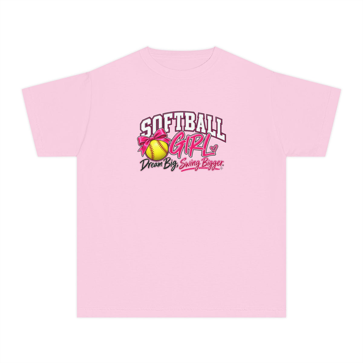 Softball Girl Youth T-Shirt | Dream Big, Swing Bigger | Girls Softball Comfort Colors Youth Tee