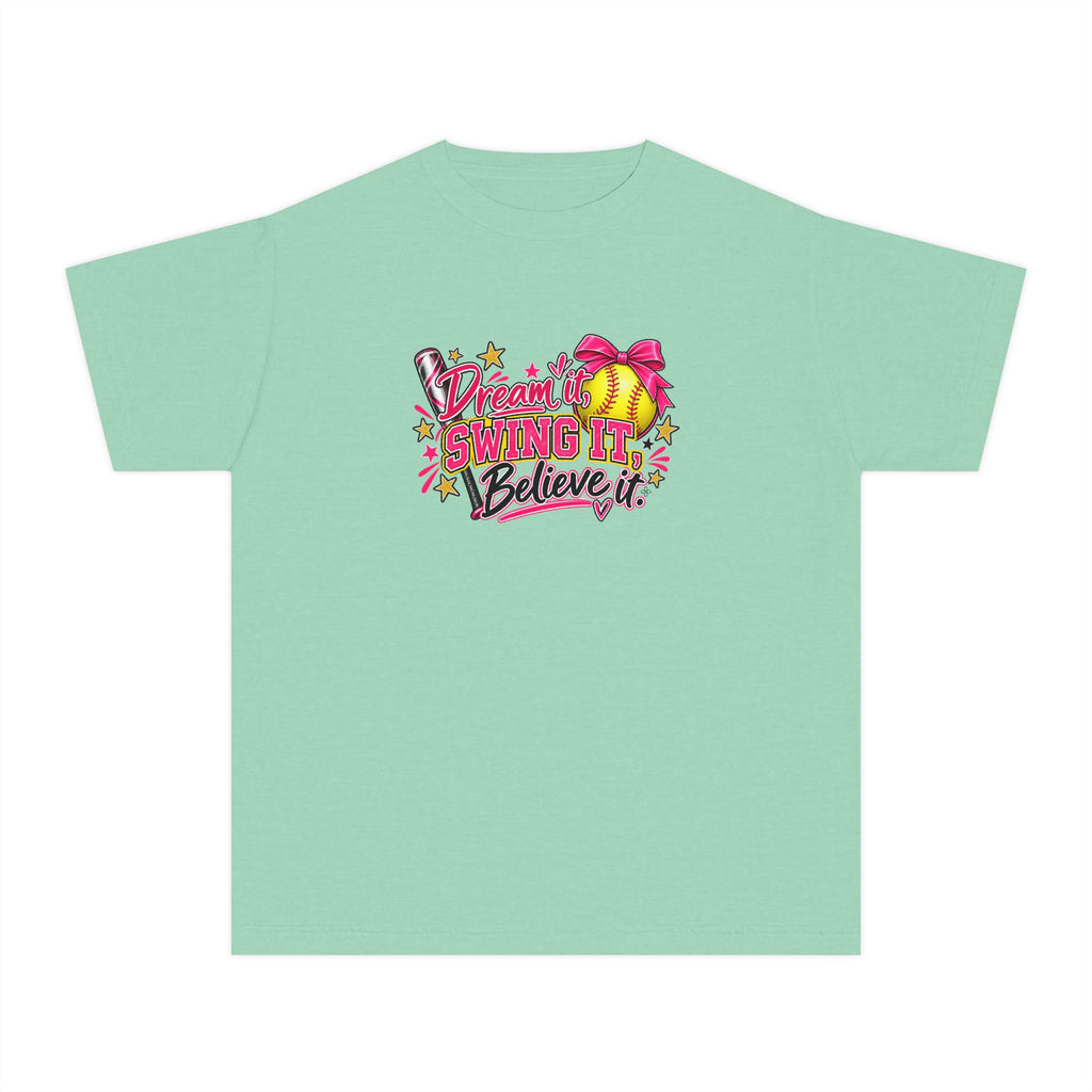 Dream It Swing It Believe It Youth T-Shirt | Softball Girl | Girls Softball Comfort Colors Youth Tee