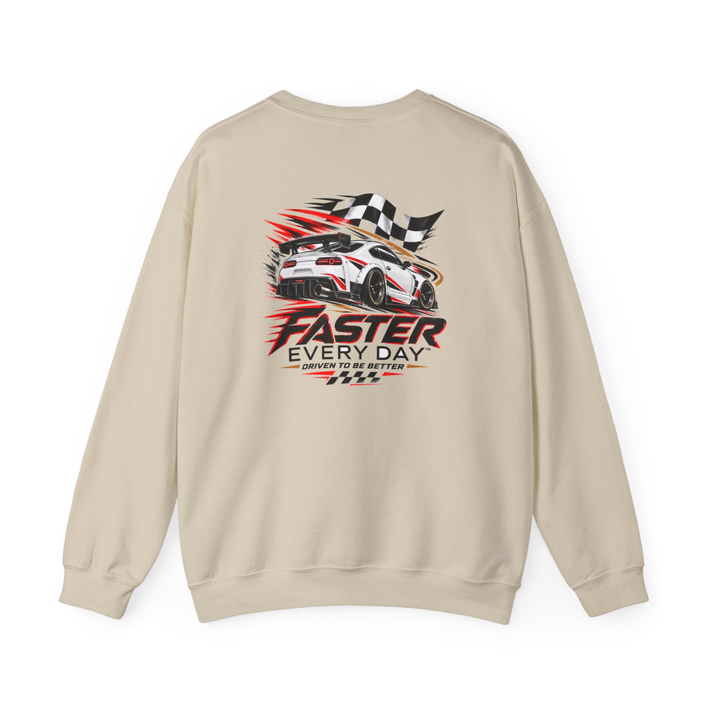 Faster Every Day Sports Car Sweatshirt | Driven to Be Better | Front Logo and Back Print | Gildan Crewneck Sweatshirt