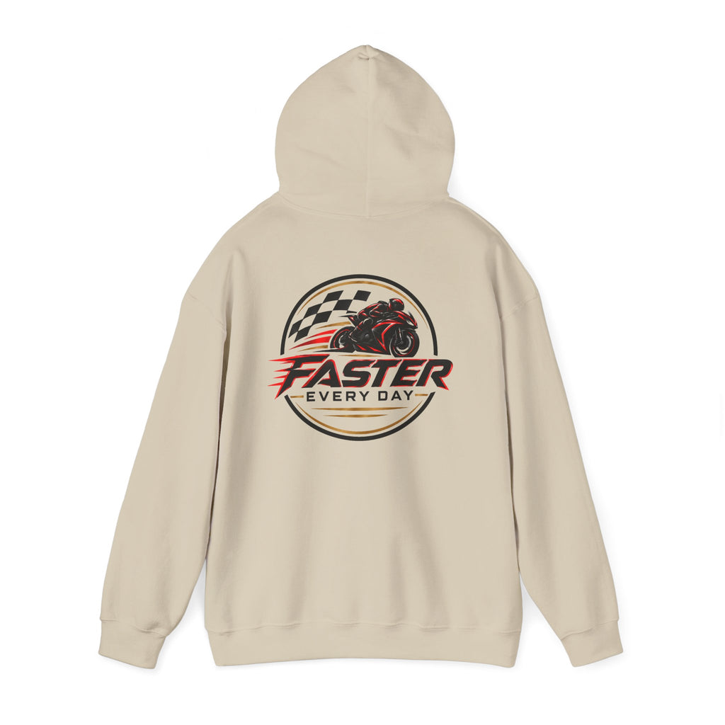 Faster Every Day Racing Badge Hoodie | Front Logo and Back Print | Motorcycle Gift | Gildan Hoodie