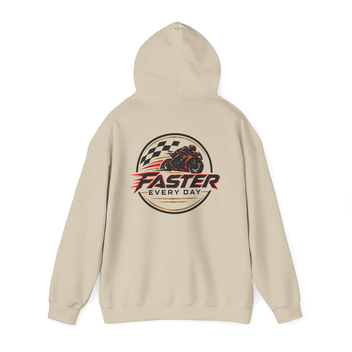 Faster Every Day Racing Badge Hoodie | Front Logo and Back Print | Motorcycle Gift | Gildan Hoodie