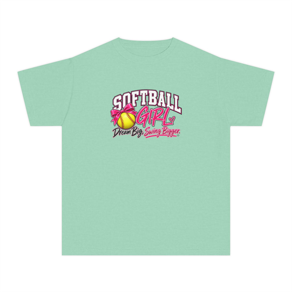 Softball Girl Youth T-Shirt | Dream Big, Swing Bigger | Girls Softball Comfort Colors Youth Tee