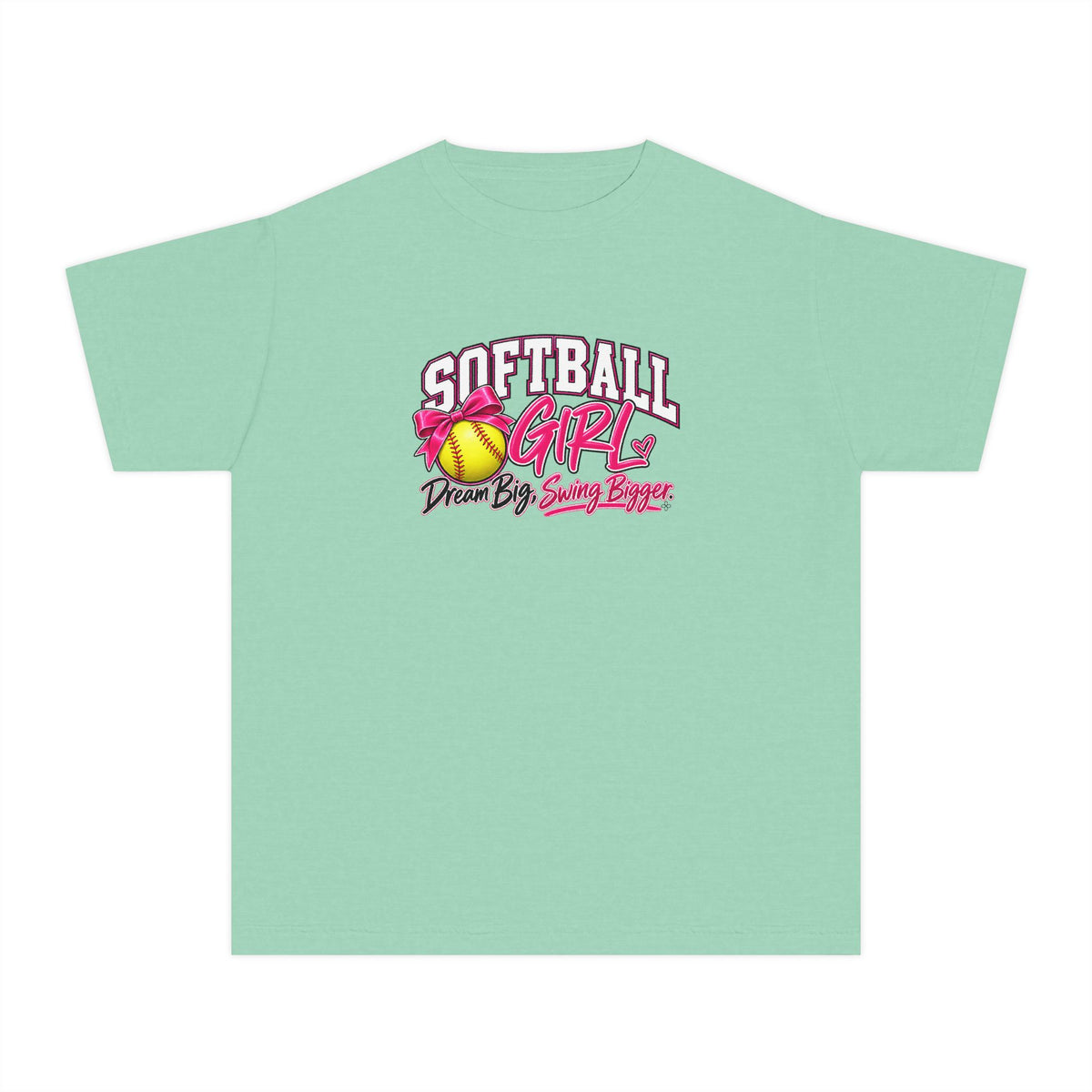 Softball Girl Youth T-Shirt | Dream Big, Swing Bigger | Girls Softball Comfort Colors Youth Tee