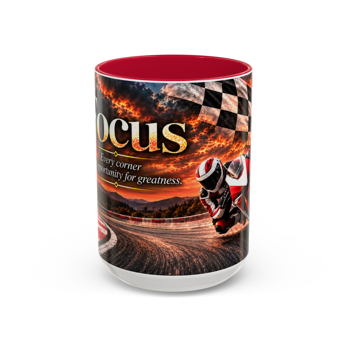 Focus - Every Corner Is an Opportunity for Greatness | 15 oz Motorcycle Racing Mug, Coffee Cup