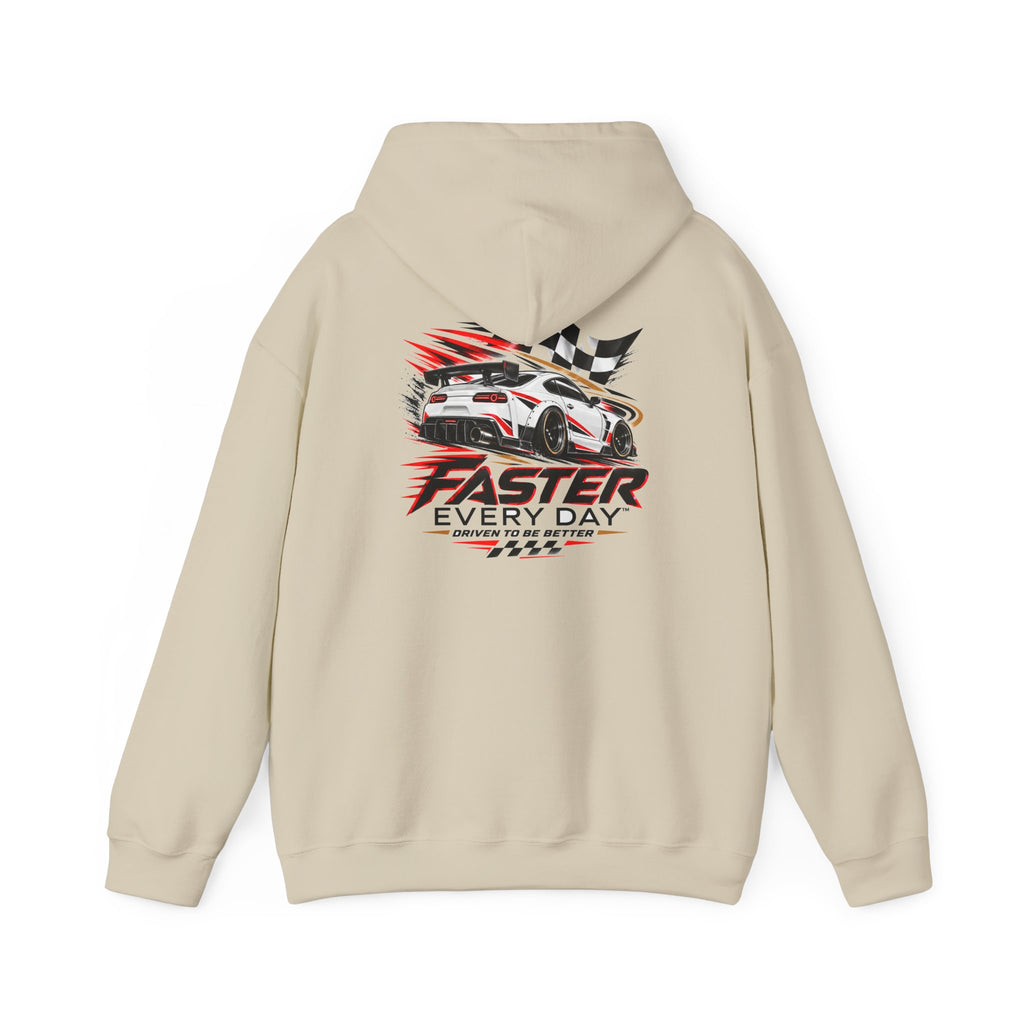 Faster Every Day Sports Car Hoodie | Driven to Be Better | Front Logo and Back Print | Gildan Hoodie