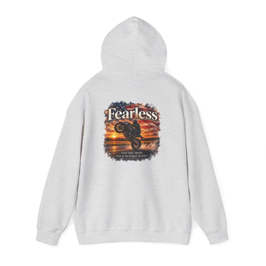 Fearless - Fear May Speak, But It No Longer Decides | Motorcycle Wheelie Hoodie | Front Logo and Back Print | Gildan Hoodie
