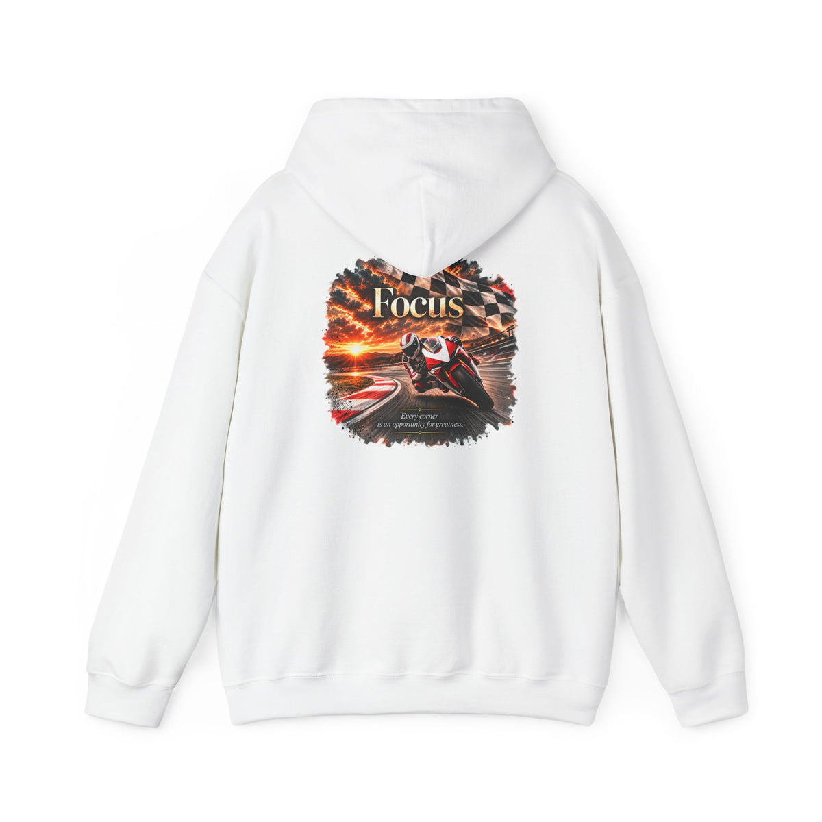 Focus - Every Corner Is an Opportunity for Greatness | Motorcycle Racing Gift | Front Logo and Back Print | Gildan Hoodie