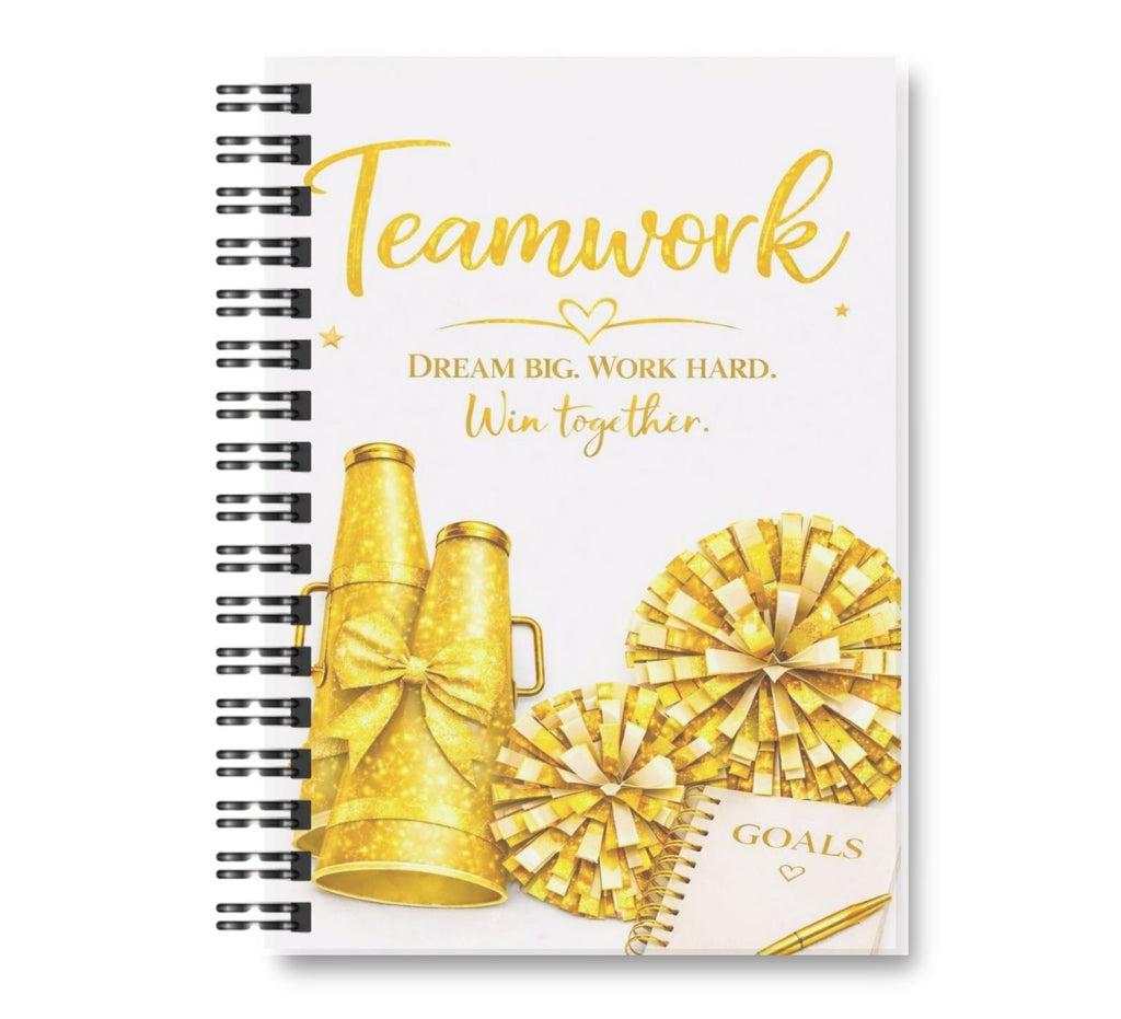 Teamwork Cheerleading - Notebook, Gold, 8.5"x11" Wide Ruled Blank Notebook, Spiral Bound