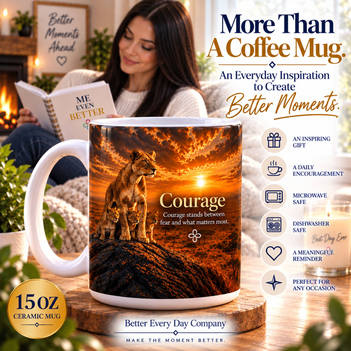 Courage - Courage Stands Between Fear and What Matters Most - Lioness and Cubs Mug, 15 oz Inspirational Lioness Mug, Coffee Cup