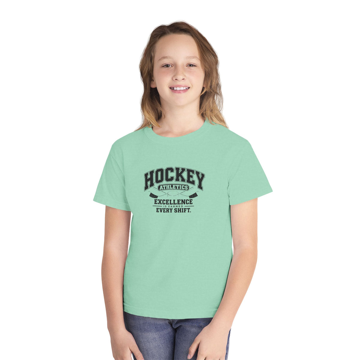 Hockey Athletics Youth T-Shirt | Excellence Is Earned Every Shift | Kids Hockey Comfort Colors Youth Tee