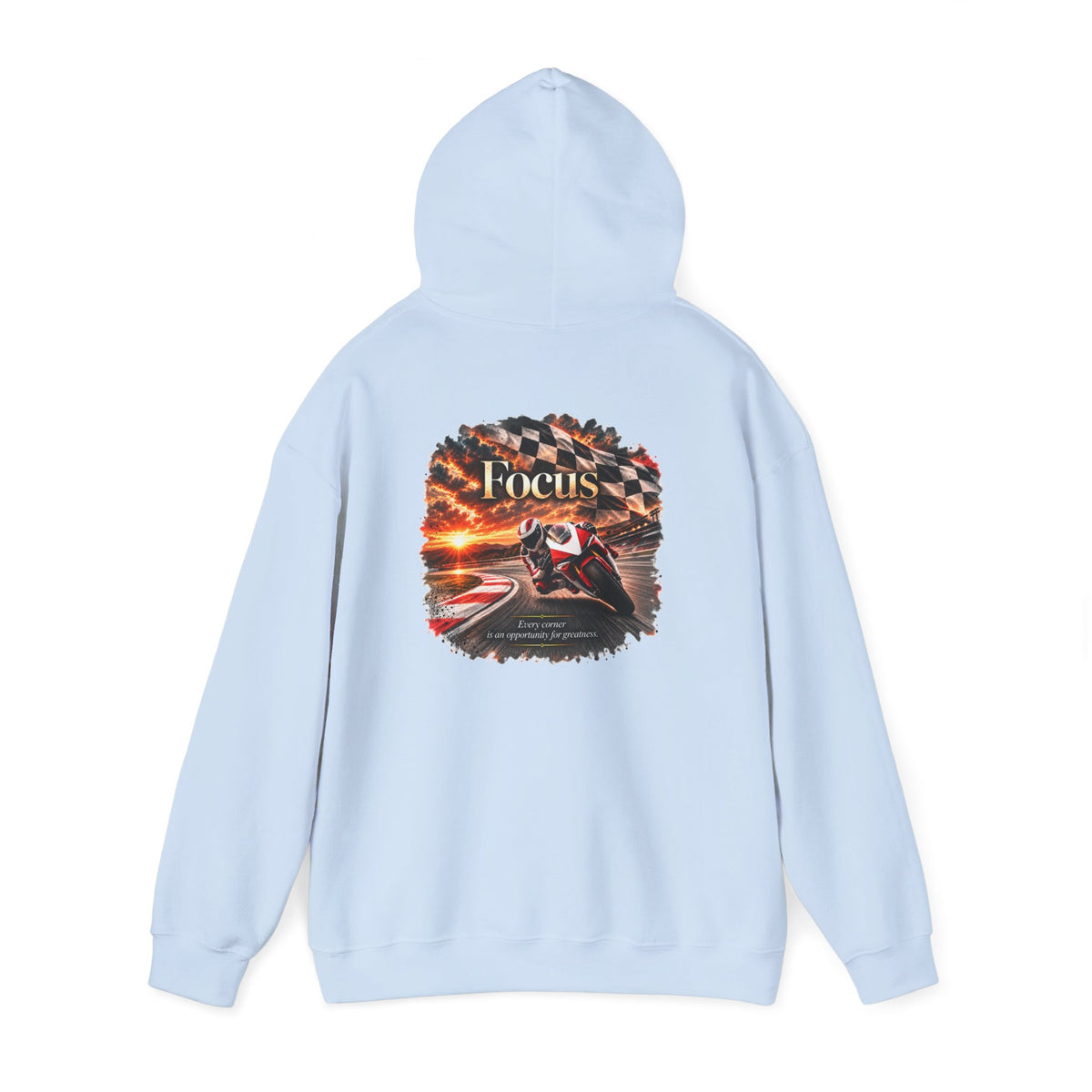 Focus - Every Corner Is an Opportunity for Greatness | Motorcycle Racing Gift | Front Logo and Back Print | Gildan Hoodie