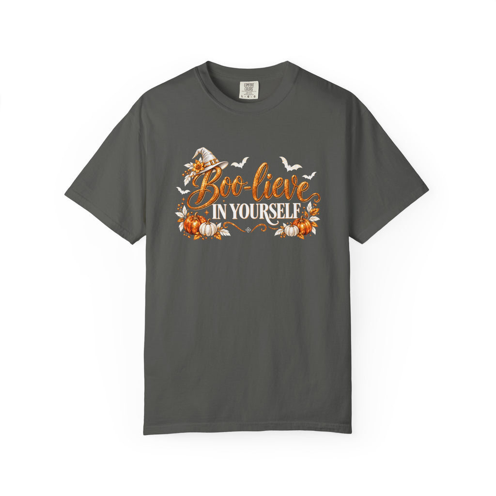 Inspirational Halloween T-Shirt - BOO-lieve In Yourself - Women's Comfort Colors Motivational Shirt