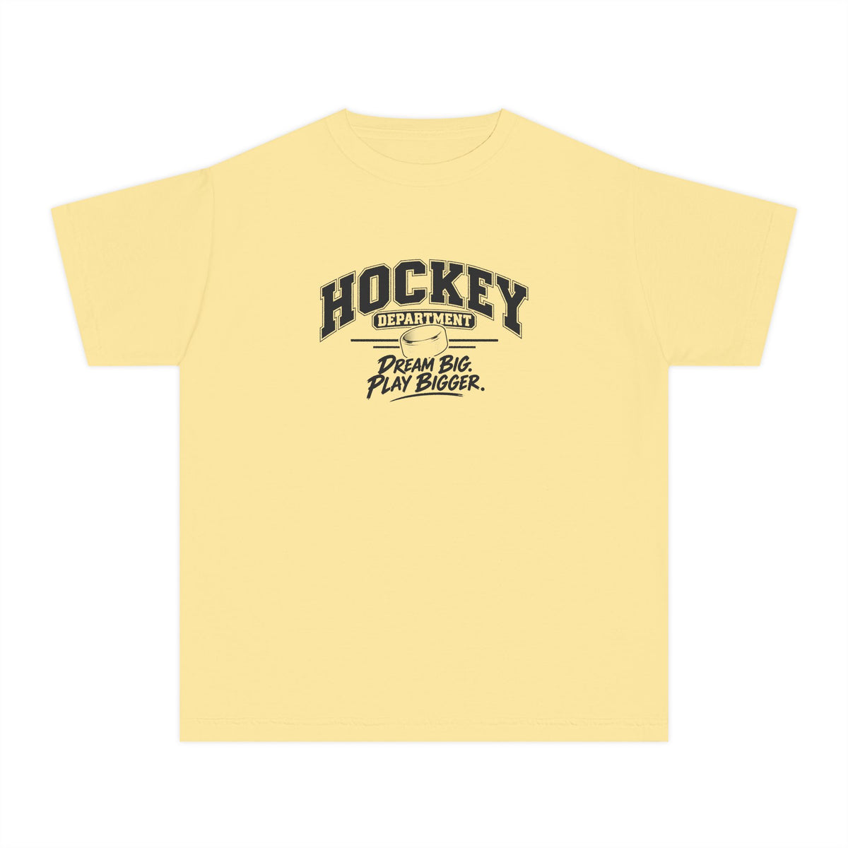 Hockey Department Youth T-Shirt | Dream Big, Play Bigger | Kids Hockey Comfort Colors Youth Tee